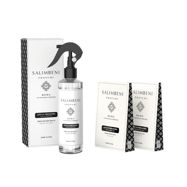 Parfum Textile en Spray + 2 Paquets de Cartes Parfumées pour les Armoires (lot de 3) - Le Lin au Printemps en ESSAI GRATUIT
