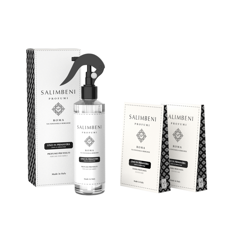Parfum Textile en Spray + 2 Paquets de Cartes Parfumées pour les Armoires (lot de 3) - Le Lin au Printemps en ESSAI GRATUIT