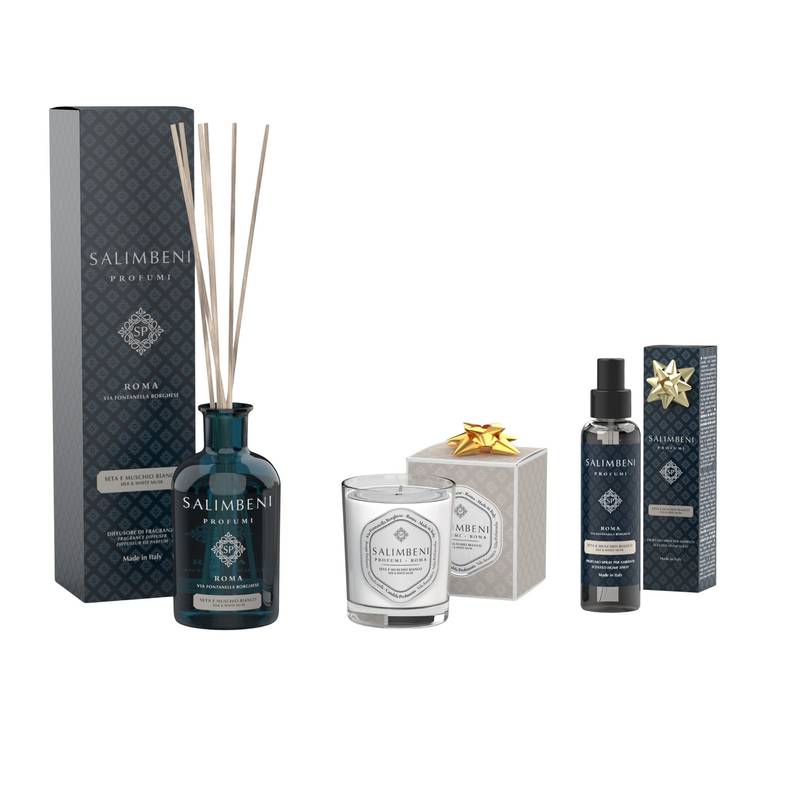 Soie et Musc Blanc 250 ml + Bougie Parfumée Soie et Musc Blanc en ESSAI GRATUIT + Vaporisateur d'Intérieur Soie et Musc Blanc en ESSAI GRATUIT